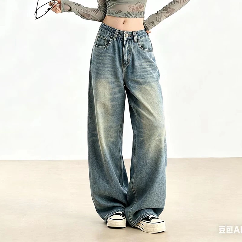 Vintage Blue Y2k Jeans Women Pants Loose Slimming Casual Denim Pants High Waist Wide Leg American Fashion Female Trousers 2025