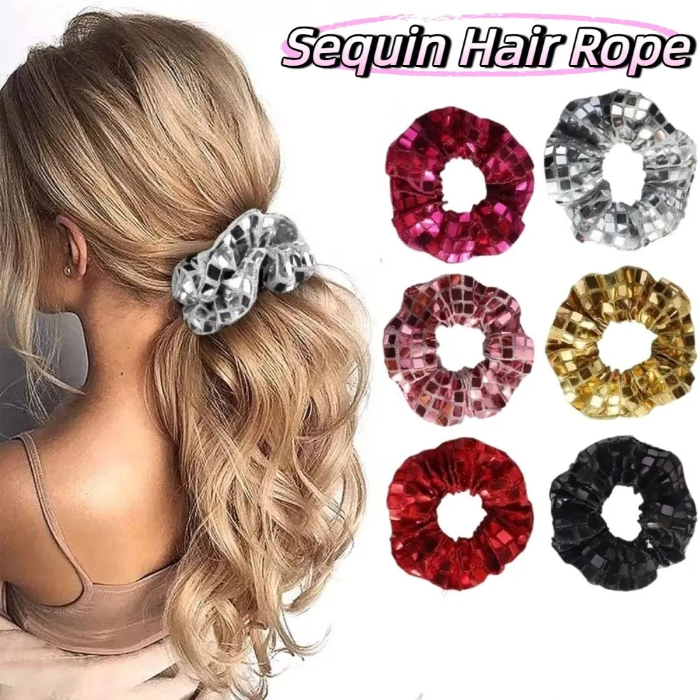 ยางรัดผมแบบสี่เหลี่ยมประดับเลื่อม 6 ชิ้น ดีไซน์จีบระยิบระยับ ขนาดใหญ่ สำหรับมัดผมหางม้า