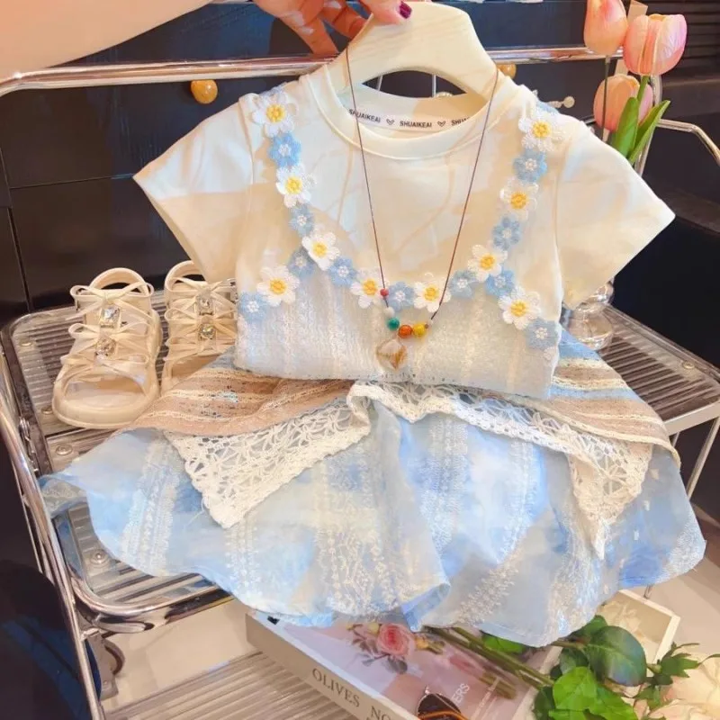 

TOY-Girls Flower Suit Summer Clothes2025New Children's Lace Short Sleeve Gradient Dress Baby Ethnic Style Two-Piece Set