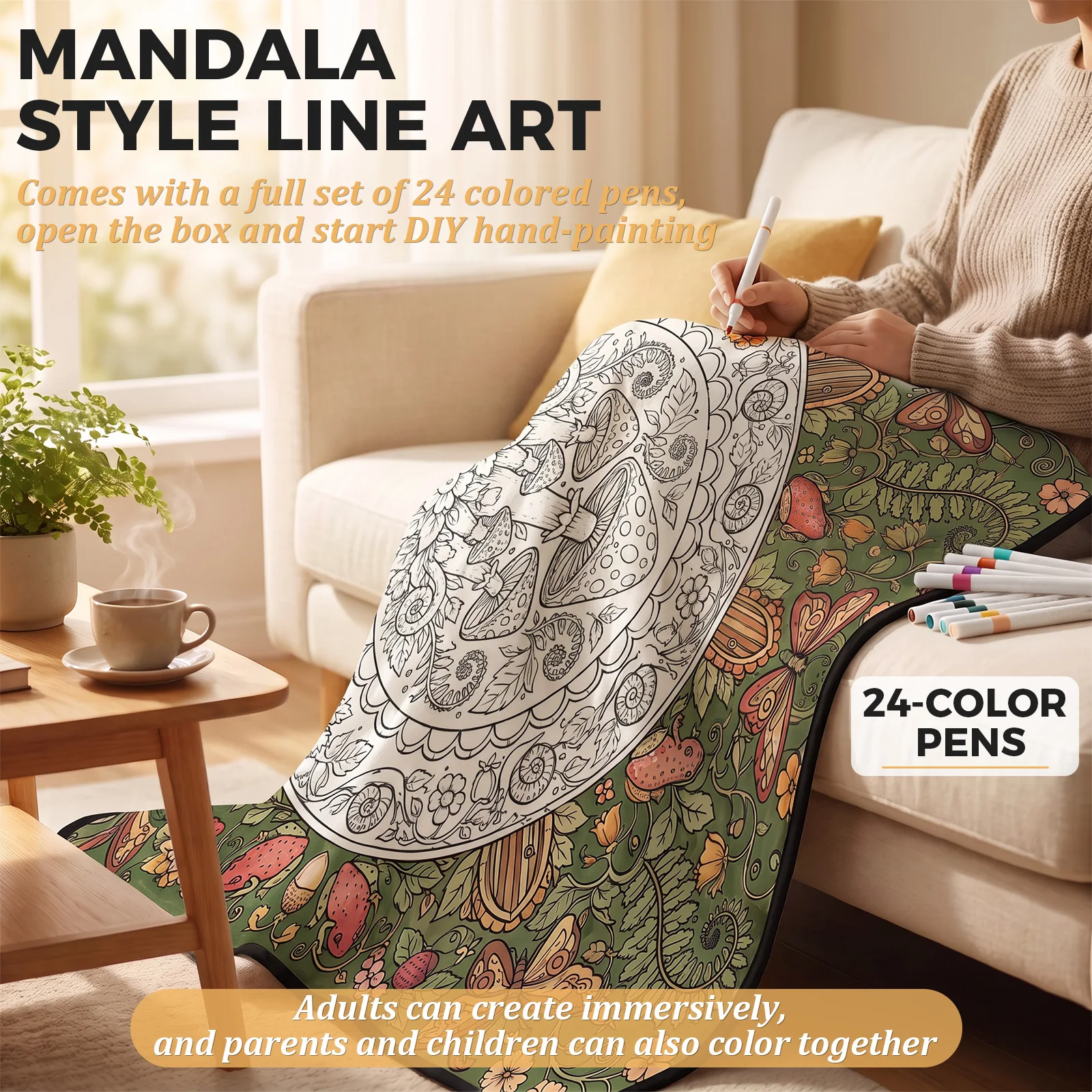DIY Coloring Blanket Double Sided Bohemian DIY Colouring Blanket with Markers Creative Personalization Pattern Blankets for Home