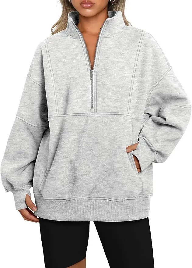 Stand Collar Casual Sweatshirts Half Zip Women Cropped Pullover Thumb Hole Overzised Hoodie Solid Color Plus Size Sports Outfit