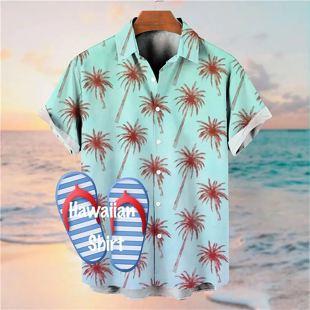 Men's Hawaiian Shirt Coconut Tree Print Shirt For Men Oversized Short Sleeve Button Up Shirts Men For Vacation Beach Wear Summer