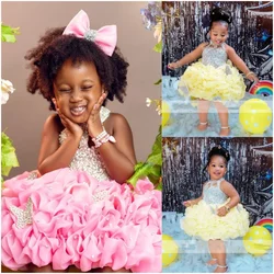 Sleeveless Flower Girl Dresses for Wedding Crystals Pearls Ruffles Princess Girl Kids Birthday Party First Holy Communion Gown