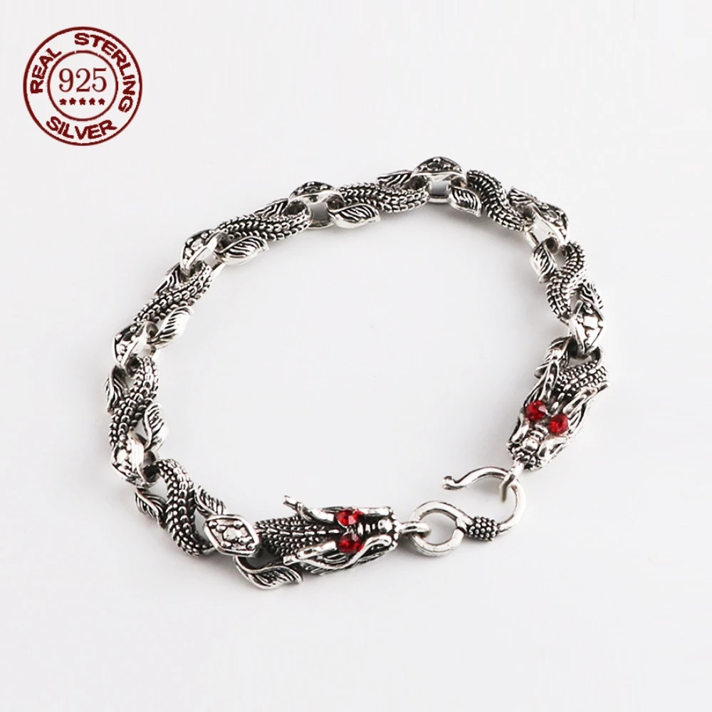 Hip Hop Style Double Dragon Play Beads S925 Sterling Silver Bracelet Personalized Retro Chinese Dragon Jewelry Gift