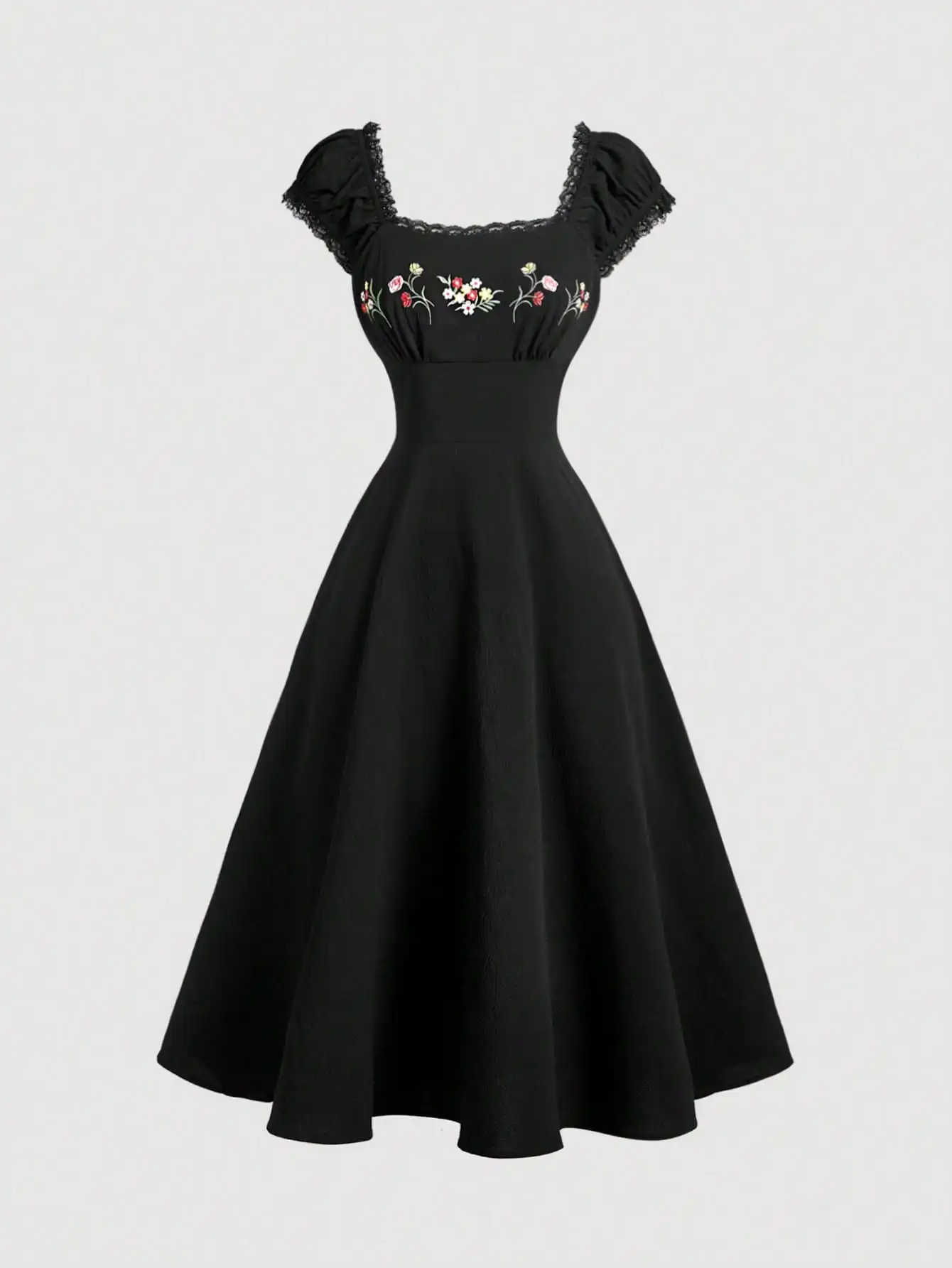 

Black Floral Embroidered Off-Shoulder Midi Dress with Lace Trim