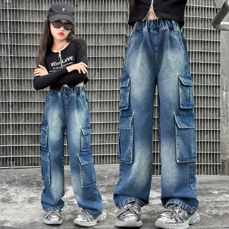 Teenage Girls Five-pointed Gradient Overalls Jeans Spring Childen American Straight Leg Loose Wide-leg Pants Kids Trousers 5-14Y