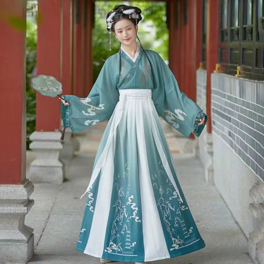 Chinese Womens Dress Blue Green Hanfu Ancient Princess Cosplay Costume Exquisite Waist Length Traditional Chinese Women Han Fu