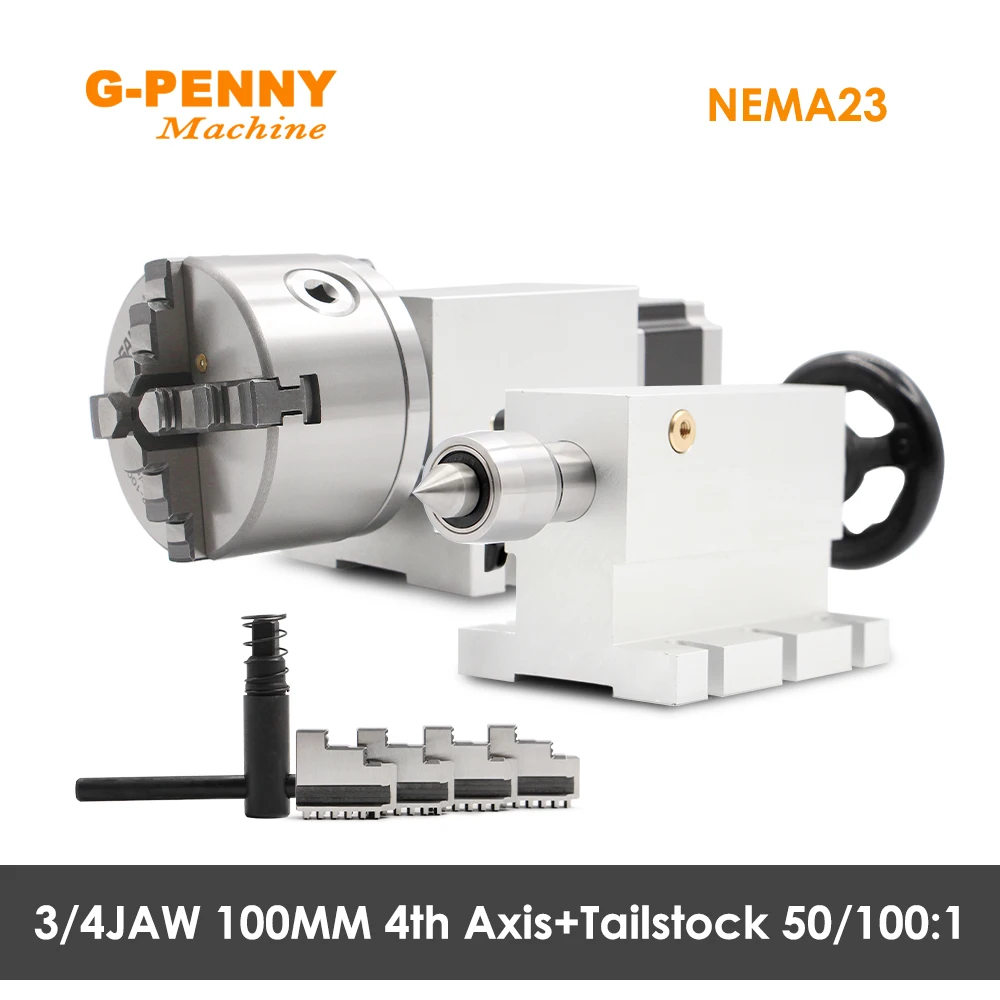 NEMA23 3/4Jaw 4th Axis 100mm Tailstoc CNC dividing head/Rotation/A axis kit