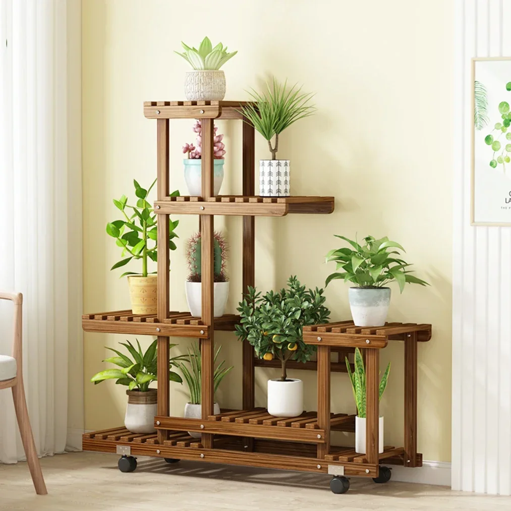 6 Tier Wood Plant Stand Vertical Carbonized Multiple Flower Pot Display Rack Holder Indoor Outdoor Patio