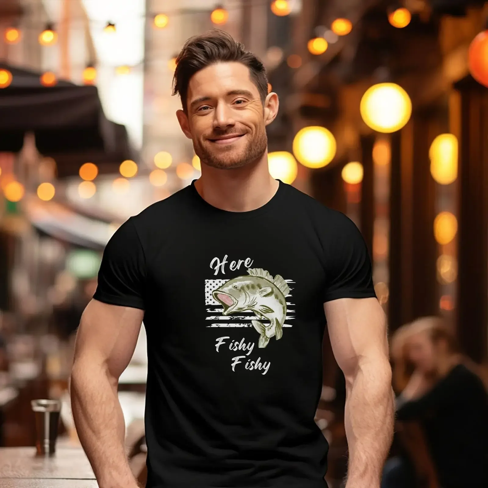 Here Fishy Funny Fishing T Shirt Bass  vintage Washed homme Stylish Top For Everyday Wear Comfortable graphic Casual Slightly