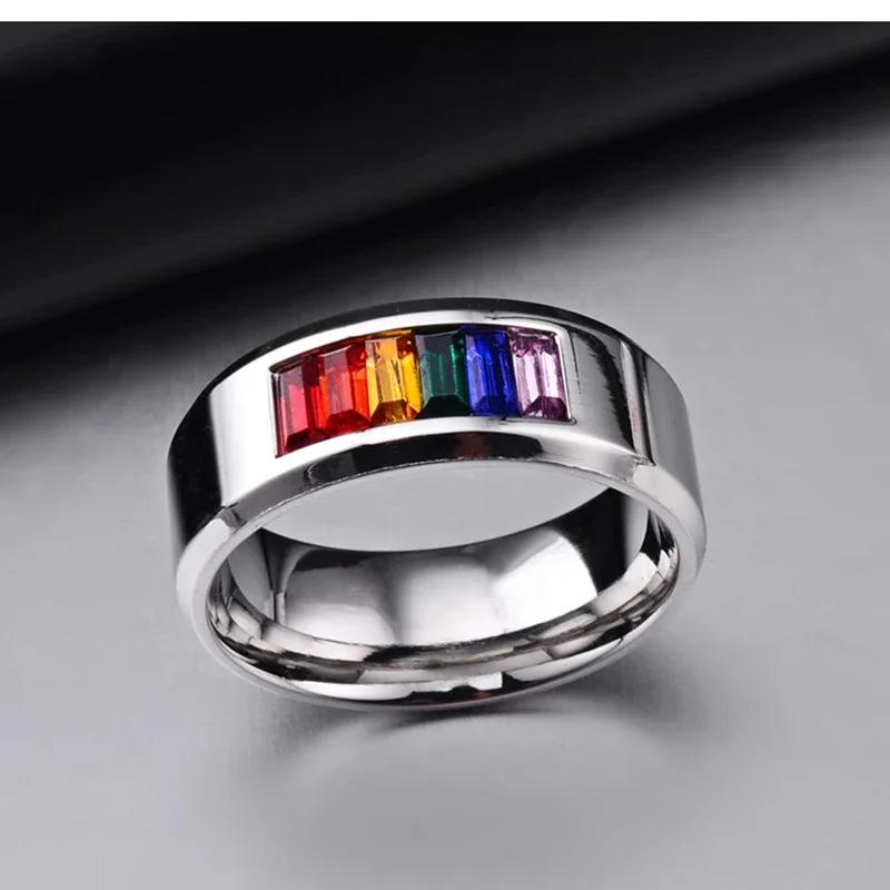 New Fashion Female Gorgeous Rainbow Color Crystal Ring Male Summer Colorful Jewelry Titanium Ring for Women and Men