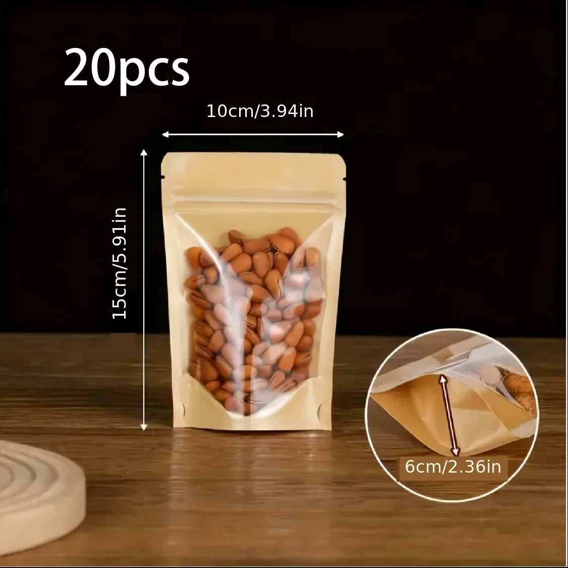 20‑Pcs Kraft Paper Stand‑up Pouches with Clear Front Window, To‑Go Food Storage Packaging Pouches