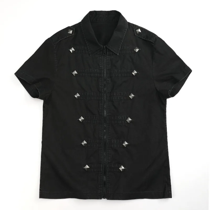 Kimotimo Y2k Rivet Short Sleeve Shirt Women Harajuku Punk Slim Zipper Lapel Blouses Summer Vintage Casual Streetwear Crop Top