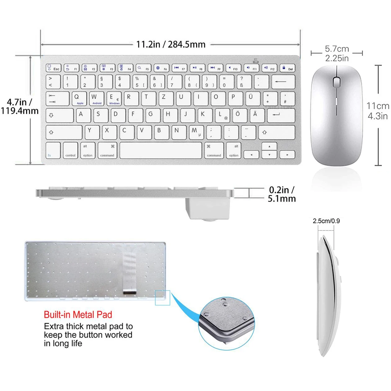 German QWERTZ Layout Bluetooth Keyboard Mouse Combo Ultra-Slim Mute Wireless Bluetooth Mouse for iPad iPhone iOS Android Windows