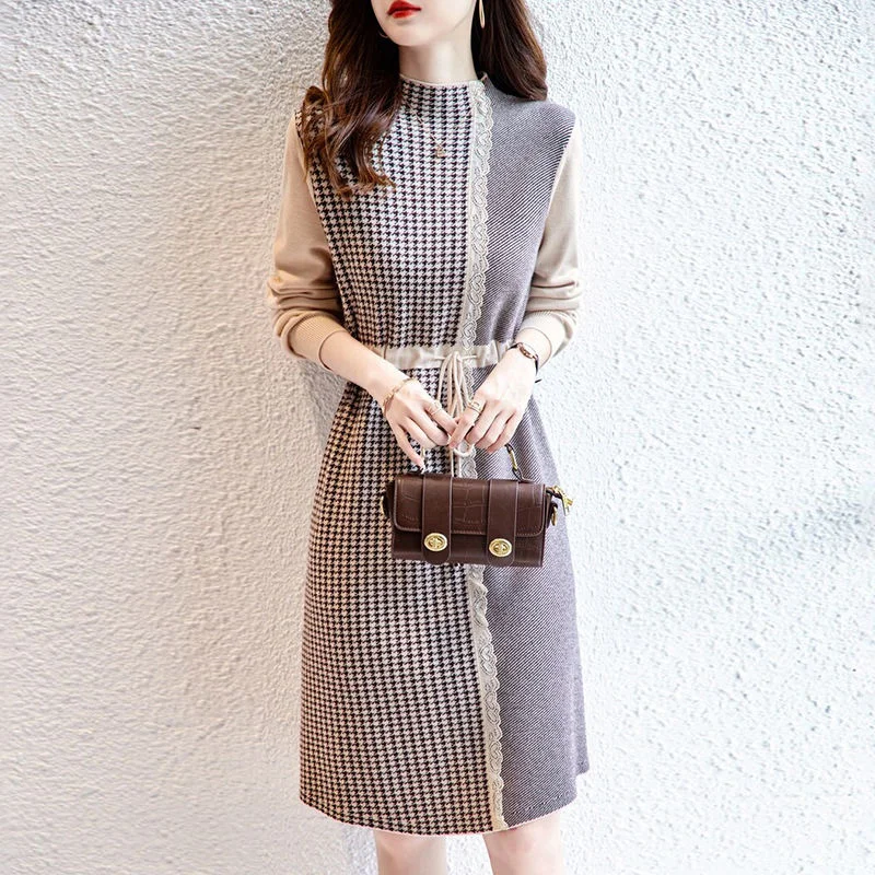 Autumn Winter Half High Collar Houndstooth Lace Patchwork Knitting Dress Female Elegant Fashion Drawstring Waist Robe Vestidos