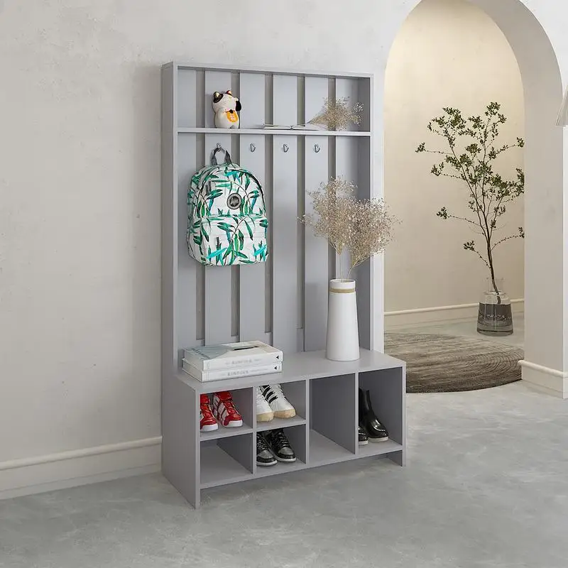 

7-Shelf Hall Tree, Smoky Gray Finish, Space-Saving Design for Entryway, Stylish Storage Solution