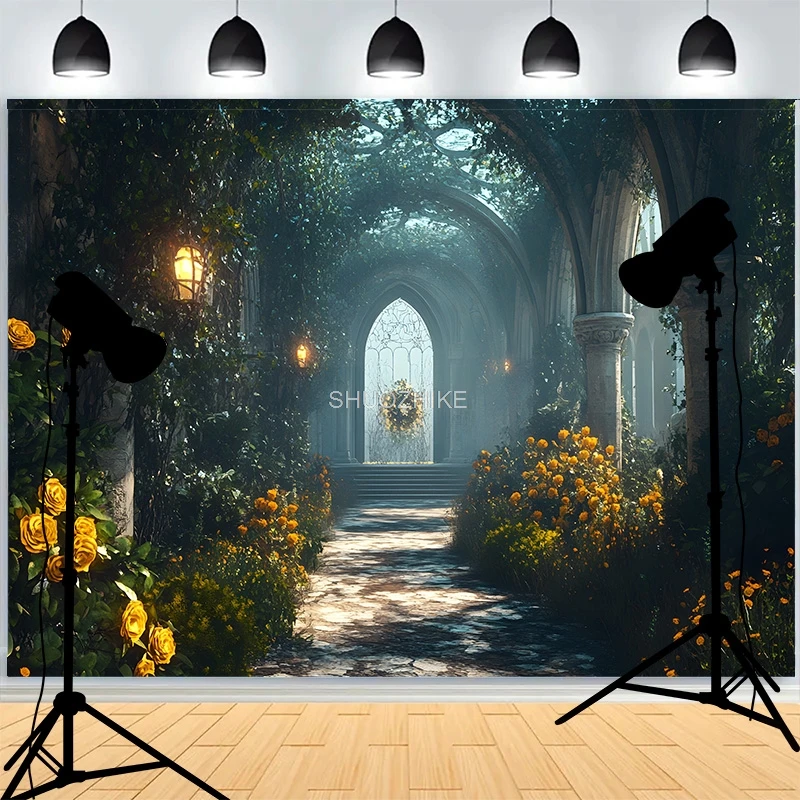 

Fairytale House Fantasy Photography Backdrops Window With Bunch Flowers Snowfall Winter Pathway Photo Studio Background FA-02