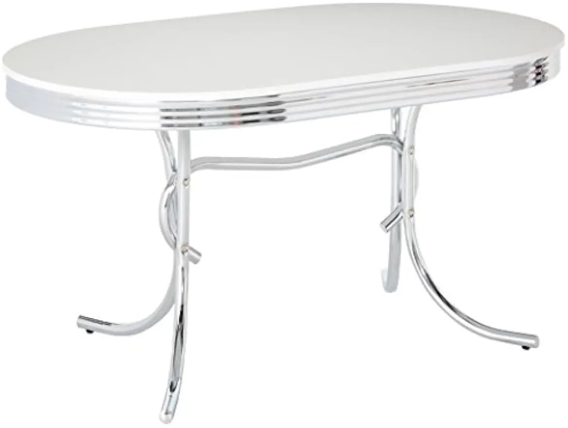 Retro 1950s Soda Fountain Diner Oval Dining Room Table White Laminate Top Sturdy Steel Chrome Base Glossy white and chrome