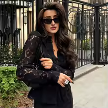 Lace Tops Long Sleeve Embroidered Hollow Out Blouse for Women - Black