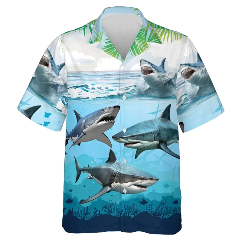 Fierce Cartoon Graphic Shark 3D Print Hawaiian Shirts Men Clothes Summer Tropical Plant Flowers Chill Vacation Beach Men‘s Shirt