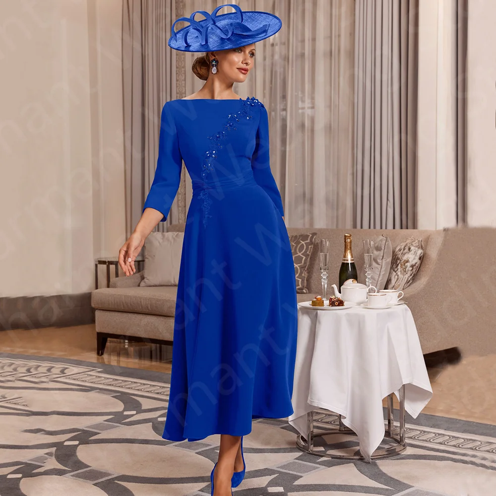 Vestido personalizado de Color contrastante azul marino para madre de la novia, vestido Formal de media pantorrilla para madres, mangas 3/4, vestidos de invitados de boda con cuello barco