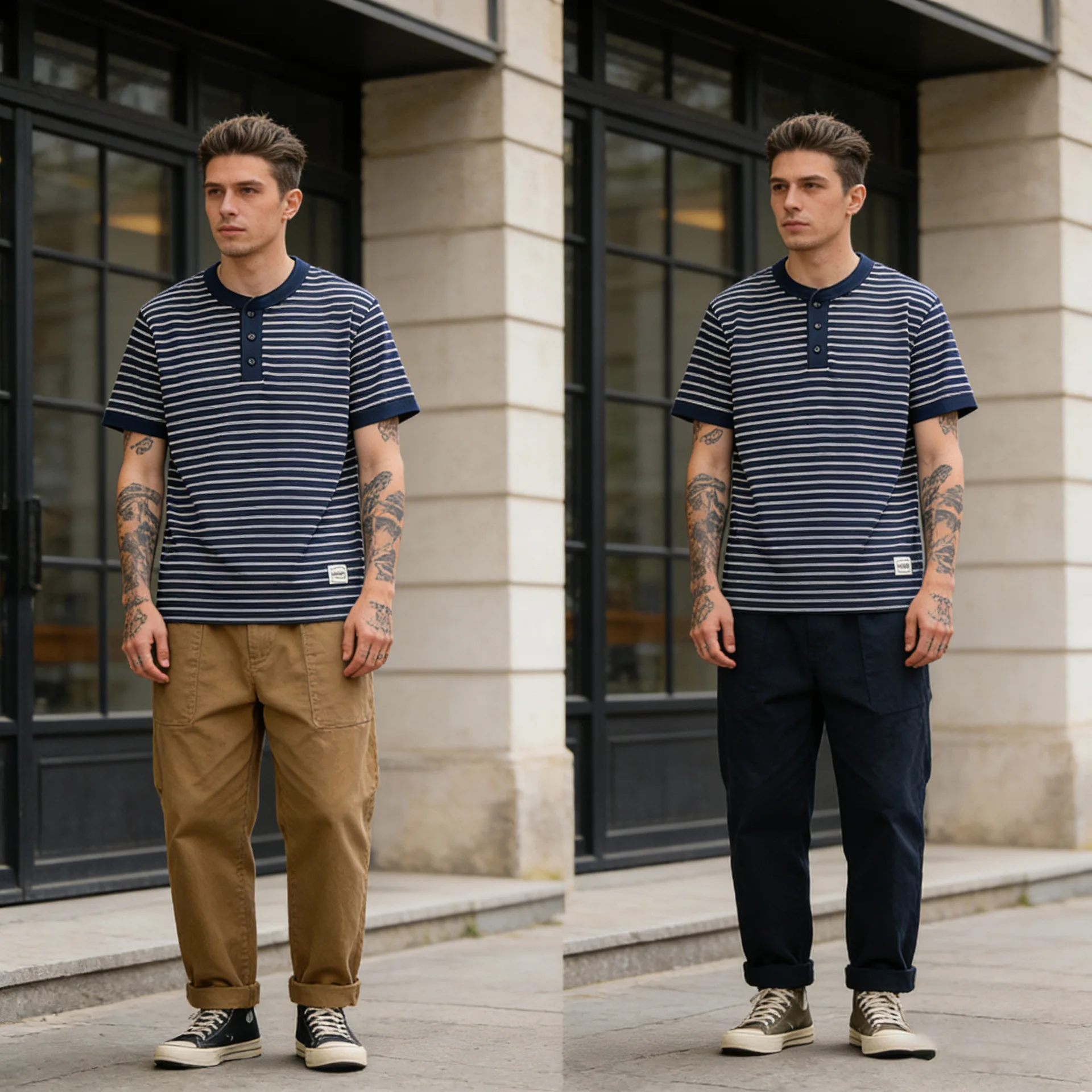 American Retro Amikaji 240g Heavy Duty Short Sleeve Striped Henley Neck T-shirt Sleeves Sea God Shirt