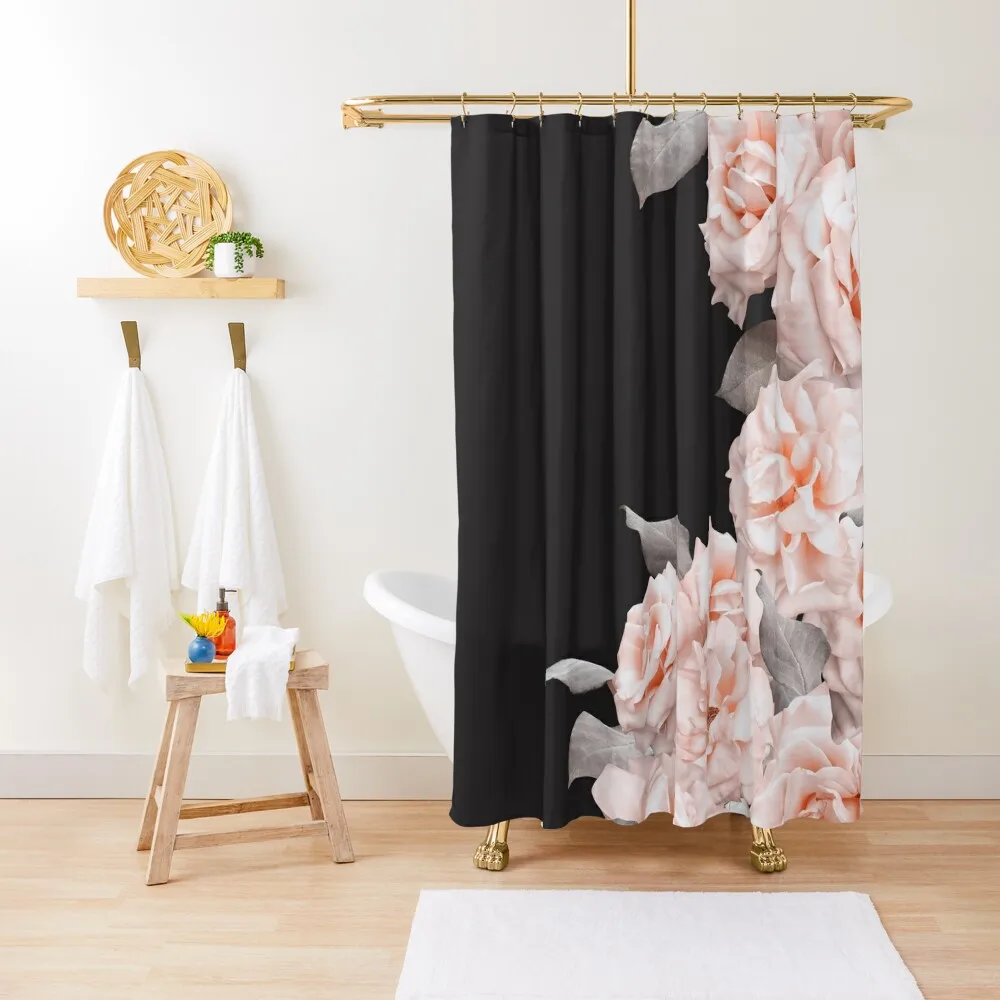 

Blush Shabby Chic Vintage Roses Frame on Black Shower Curtain Waterproof Shower Window Bathroom Accessories Curtain