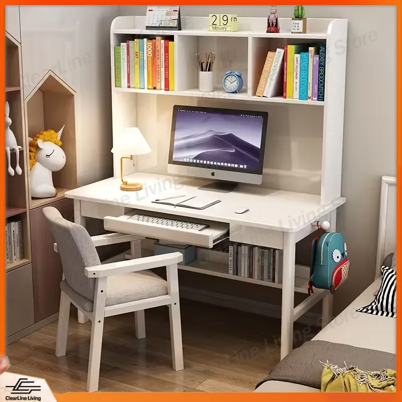 Solid Wood Desk with Bookshelf Modern Minimalist Home Office Writing Table Bedroom Study Furniture Natural Wood Computer