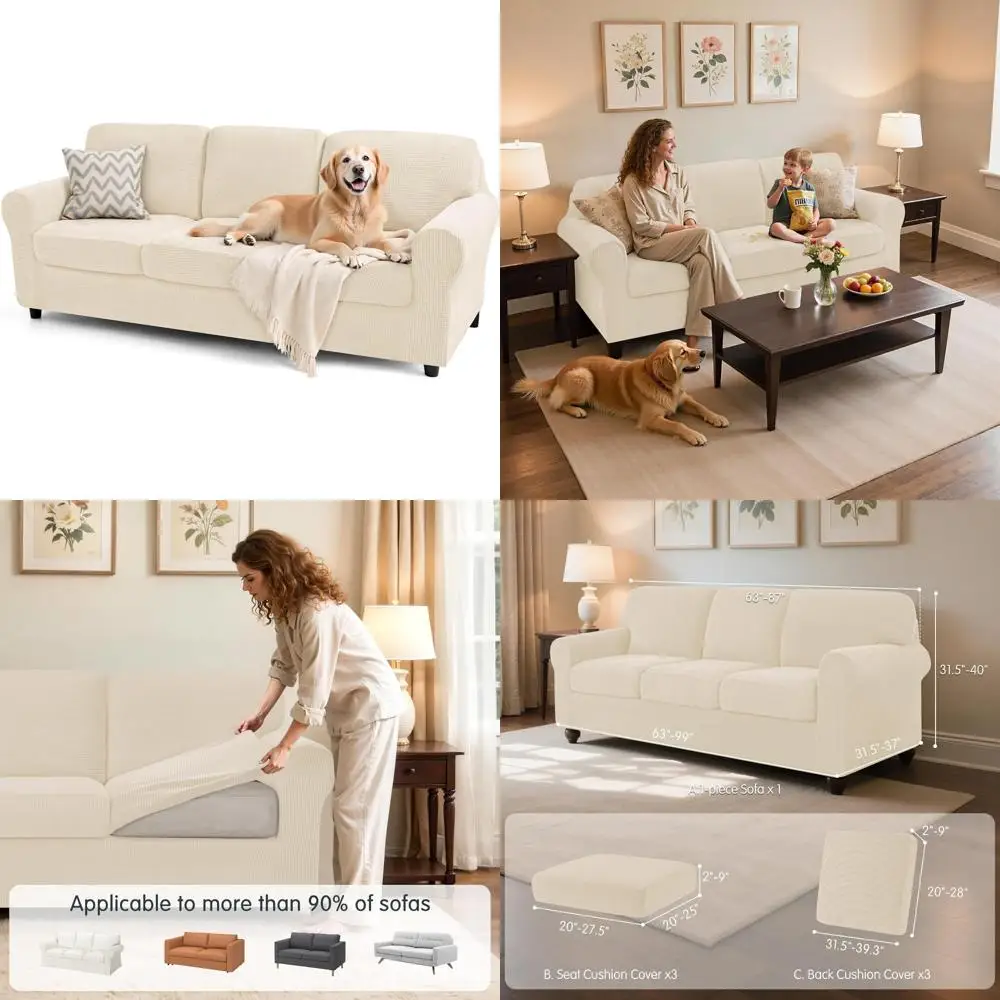 

Набор эластичных чехлов для дивана — чехол для мебели из 7 предметов, прочный, моющийся, клетчатый дизайн, цвет слоновой кости, большой размер