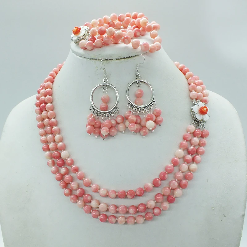 free delivery,! Classic natural pink coral necklace. Bracelet. Stud Earrings, African Bridal Wedding Set
