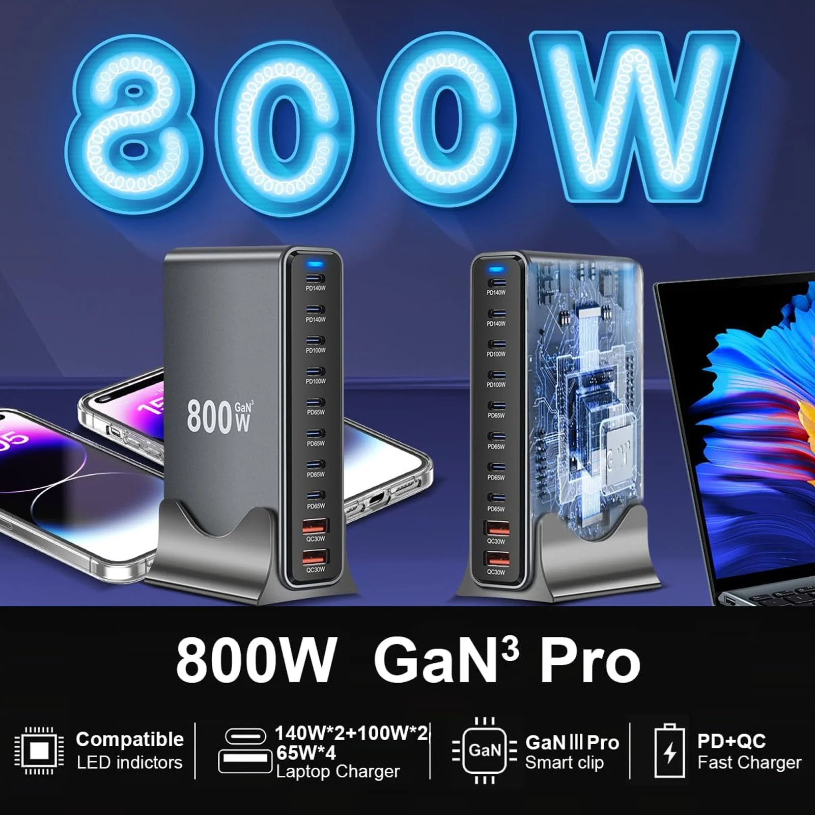 

Зарядная станция USB-C 1000 Вт GaN III Pro с 10 портами, 140 Вт PD PPS, быстрая зарядка для ноутбуков, планшетов, смартфонов