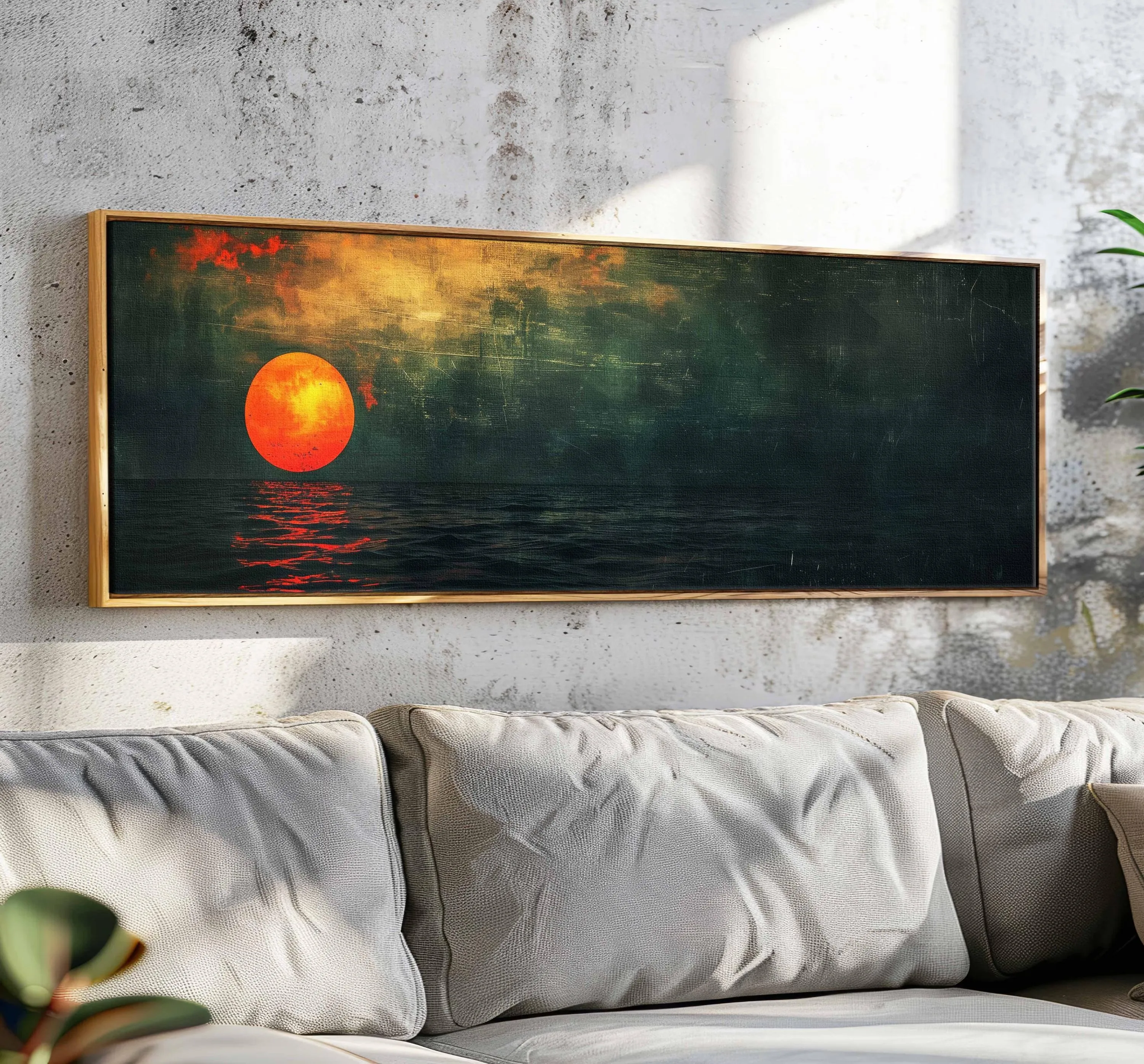 Minimalist Long Horizontal Sea Sun Canvas Poster Sunset on Emerald Wall Art Prints for Modern Living Room Summer Home Decor