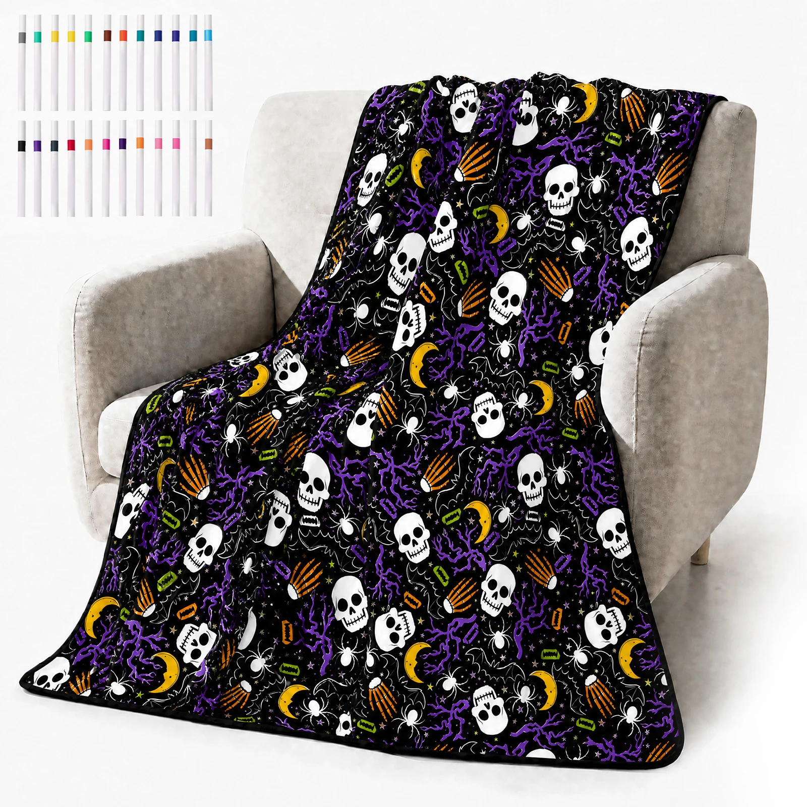 DIY Coloring Blanket with 24 Colored Markers Washable Reusable Blanket Stress Relief Unique  Decor Gift for Adult Teen Children