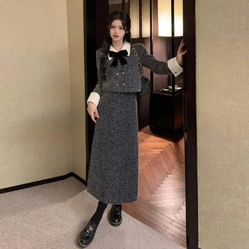 Insozkdg Skirt Suits 2024 New Autumn-Winter Korean-style Ensemble High-end Butterfly Knot Woolen Outerwear + Skirt Two-Piece Set