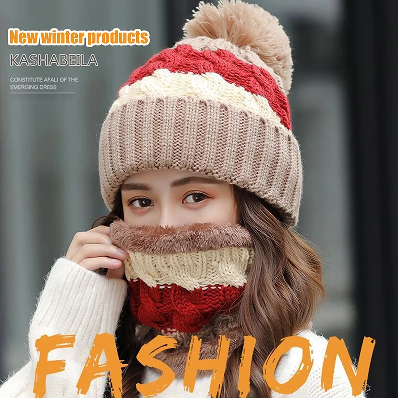 Winter Women Wooly Thick Knit Woollen Hat And Scarf Set Knitted Cap Neck Protection Windproof Hat