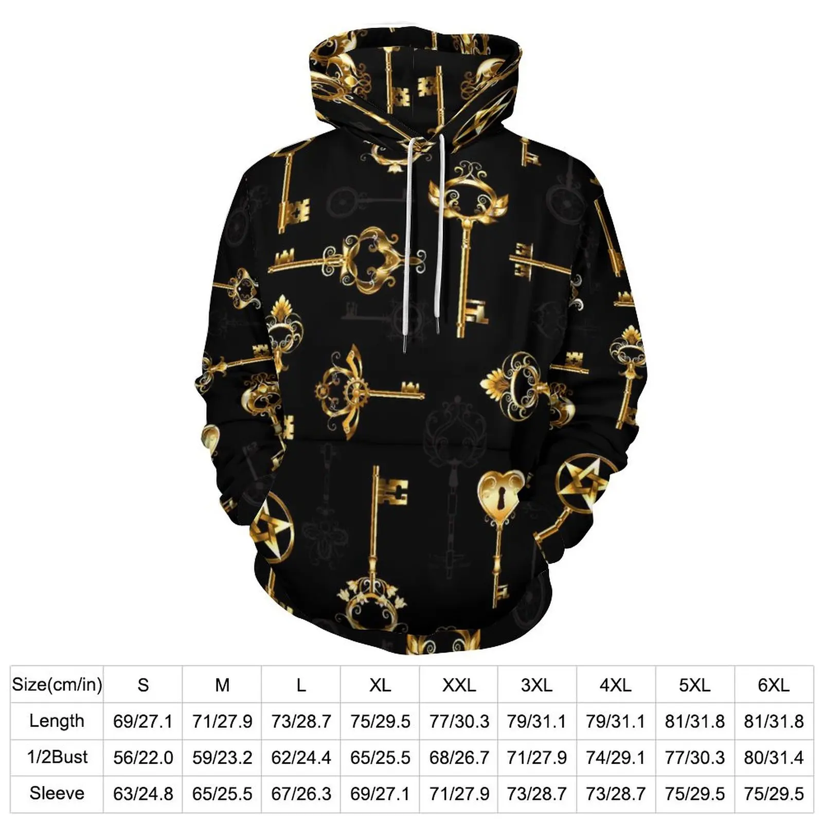 Steampunk Style Hoodies Golden Keys Hip Hop Casual Hoodie Long Sleeve Retro Graphic Sweatshirts Gift Idea