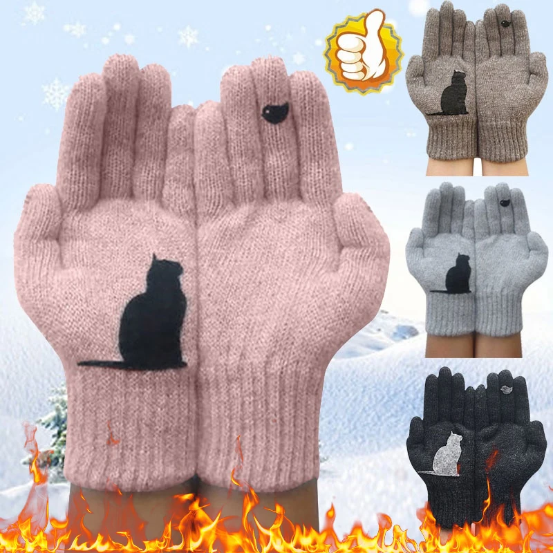 

Winter Gloves for Men Women Teens Cute Cat and Bird Printed Thermal Knitted Gloves Windproof Winter Warm Mittens Glove Soft