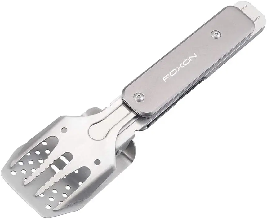 

4 in 1 Mini Folding BBQ Barbecue Combo Tool Set with Spatula, Fork, Tongs and Bottle Opener for Hiking Camping (Grey)