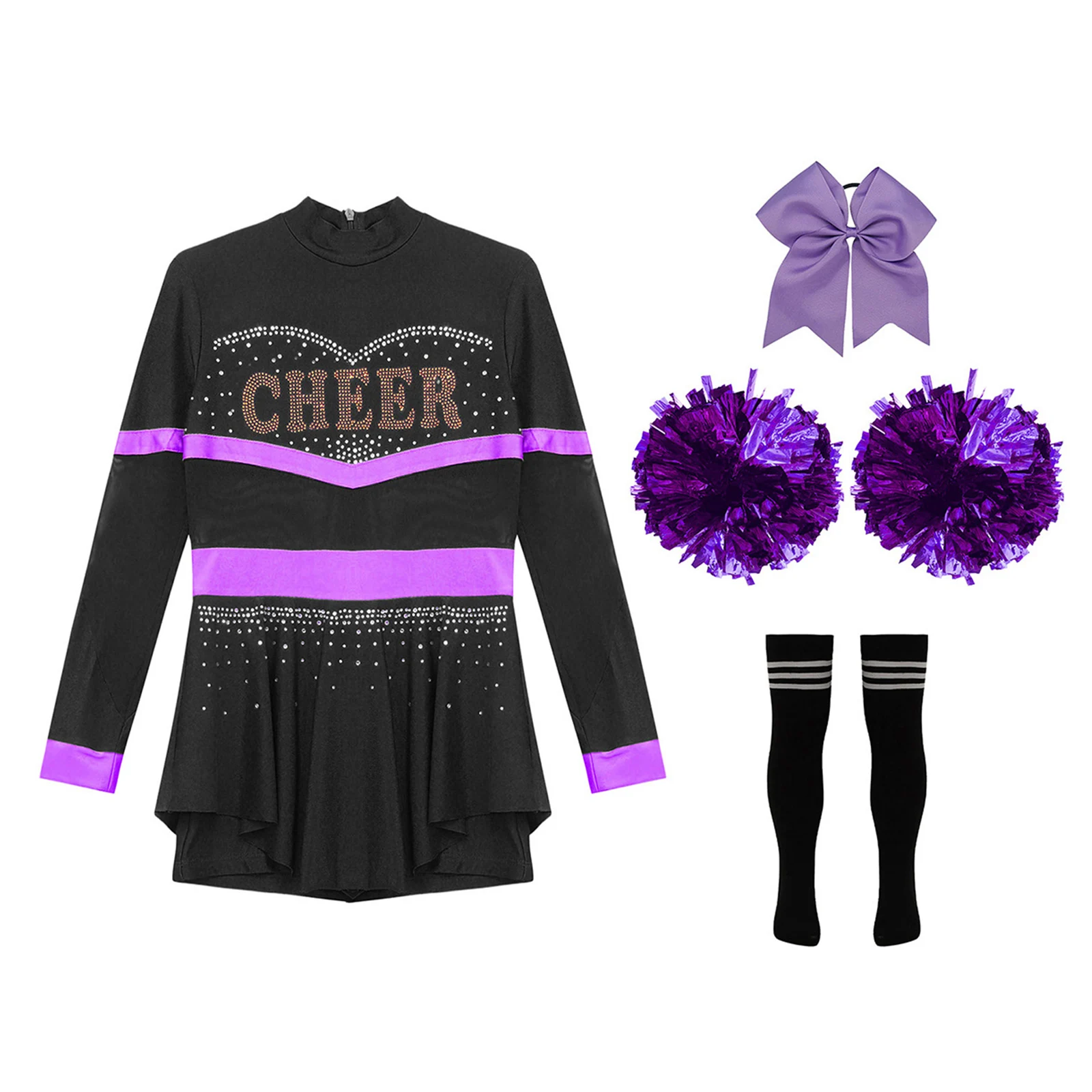 Child Girls Cheerleading Halloween Fancy Dress Outfits Cheer Leader Costume Long Sleeve Dance Leotards Dress and Socks Dancewear