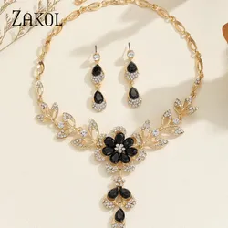 ZAKOL Luxury Black Crystal Flower Earring Necklace Jewelry Sets For Women Fashion Gold Color Wedding Party Accessories