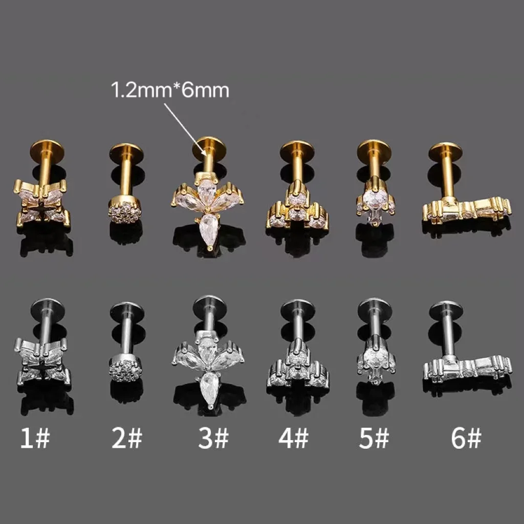 1Pc 1.2X8mm Titanium Internally Threaded 3 Zircon Fan Top Ear Helix Stud Labret Lip Monroe Piercing Body Jewelry for Women