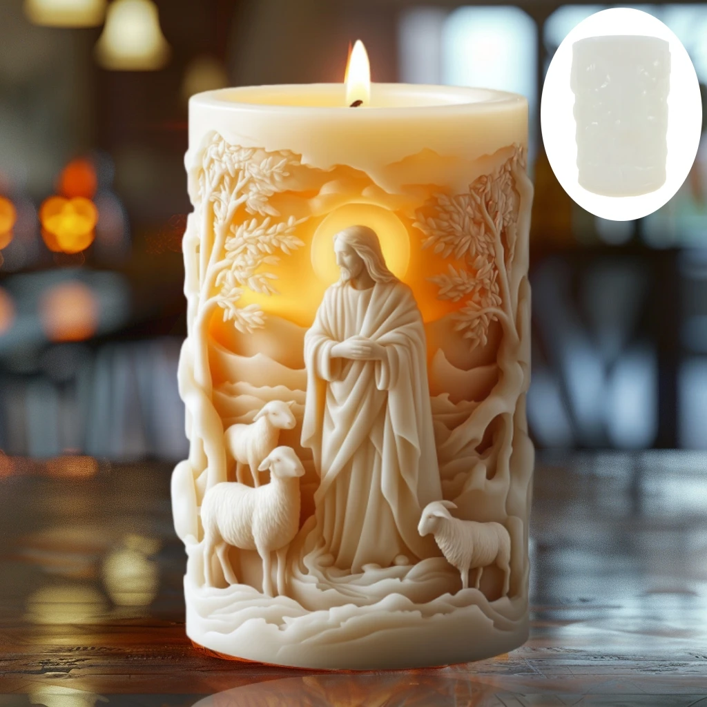 DIY Jesus Shepherd Relief Cylinder Candle Silicone Mold Jesus Shepherd Relief Cylinder Resin Mould Easter Gift Gypsum Molds