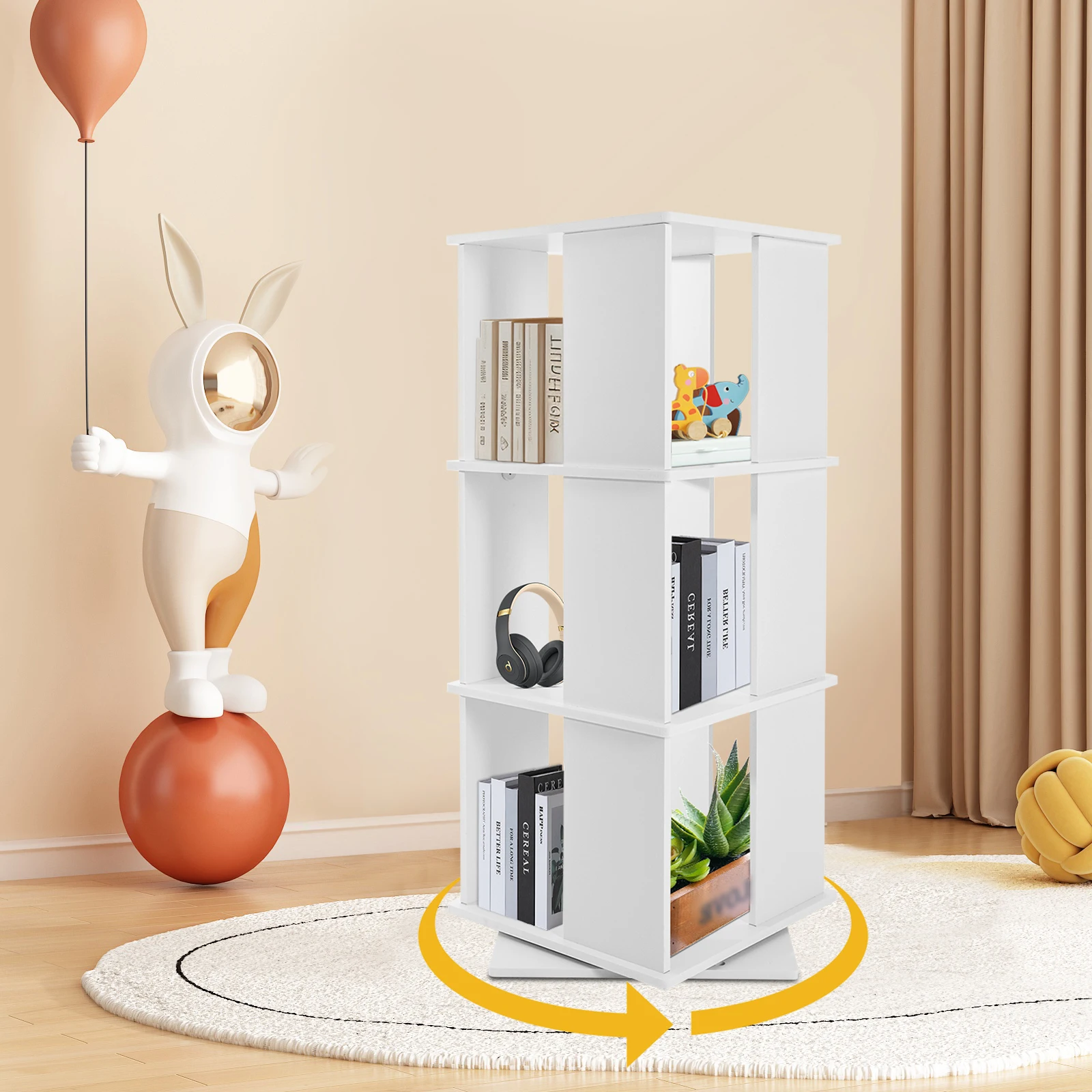 3/4 Tier Rotating Display Bookshelf - 360° Unique Rotating Storage Shelf, Floor Standing Wooden Bookcase