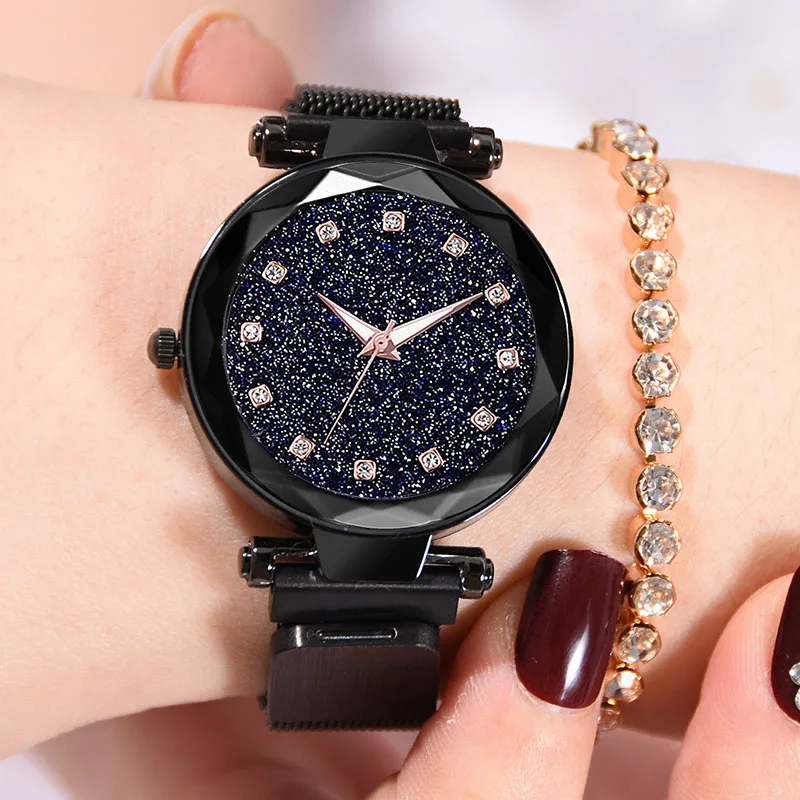 Reloj de marca de lujo para mujer, relojes de cuarzo de cristal para mujer, reloj de malla con hebilla magnética, reloj femenino con cielo estrellado