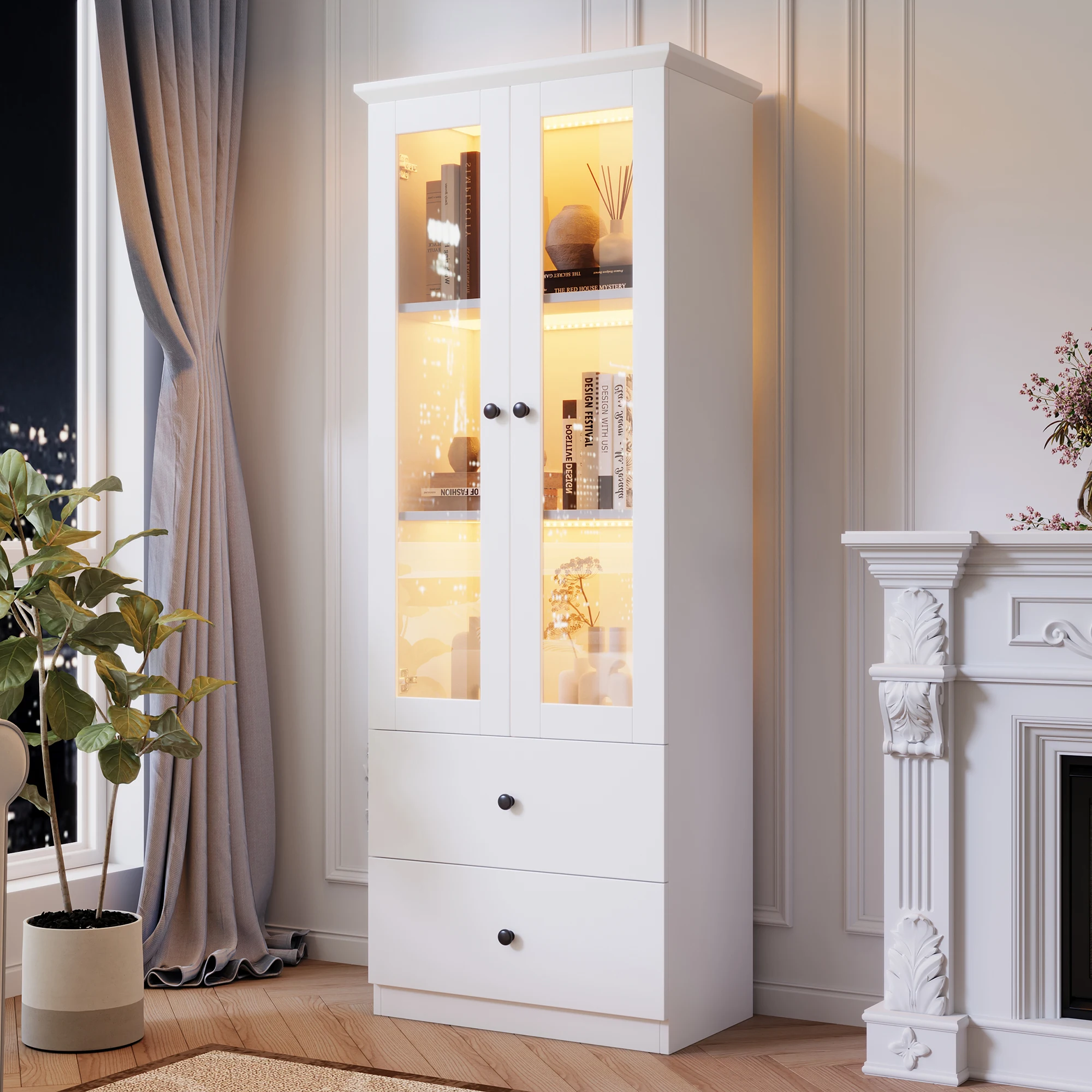 Vitrine blanche moderne de 165 cm, façade en verre avec éclairage LED, port USB, contrôle via application Bluetooth, 2 tiroirs, étagères réglables, vitrine de salon en MDF