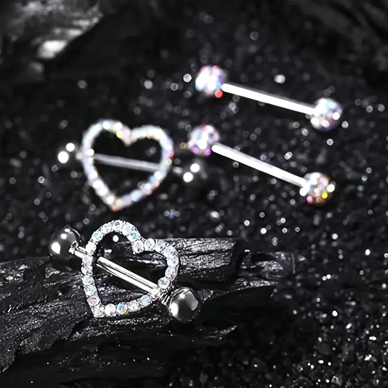 2 أزواج 14 جرام الفولاذ المقاوم للصدأ الحديد حلقات للحلمات من الفولاذ مع الراين المبهر بلينغ نمط الحلمة ترصيع اللسان ثقب المجوهرات