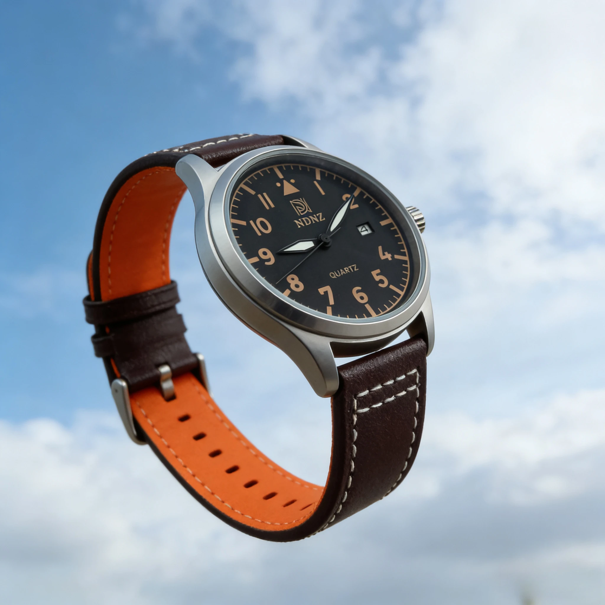 NDNZ Pilot Quartz Watch Retro Casual Men's Watch Brown Leather Strap Business Men's Watch