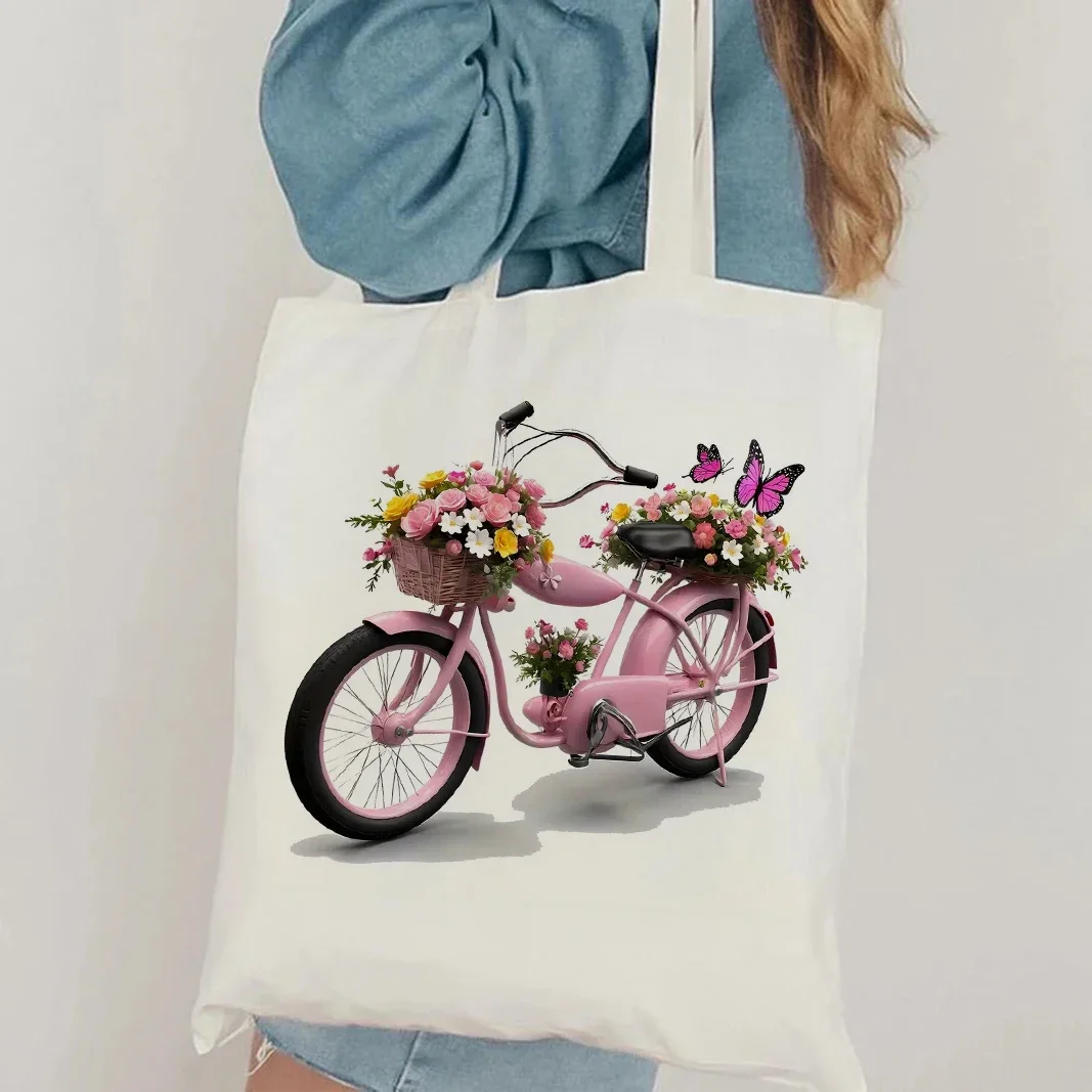 

Pink Bicycle Flower Butterfly Pattern Women's Canvas Tote Bag Storage Y2k Capacity Travel Bag Shopping Handbag Daily Use Gift