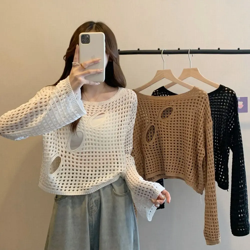 

Hollow-out Hollow-out Blouses Fashion Round Neck Long Sleeve Fishnet Pullover Thin Knit Knitwear Tops Women