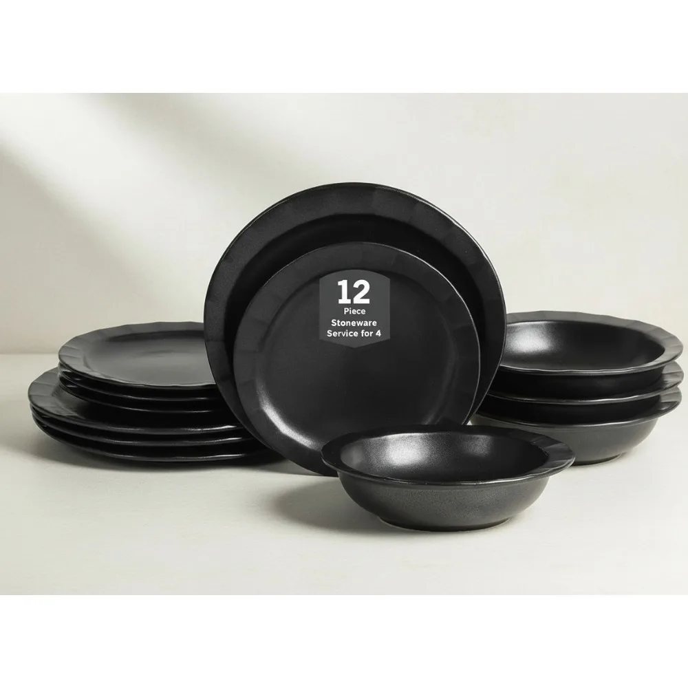 

12-Piece Stoneware Dinnerware Set, Dishwasher & Microwave Safe Plates Bowls for Family of 4, Elegant Black